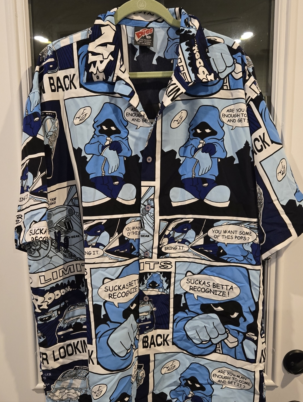 VTG Diss Novelty Comic-Print Button-Up Shirt in Blue/Black Men's XXL Shadow Boys